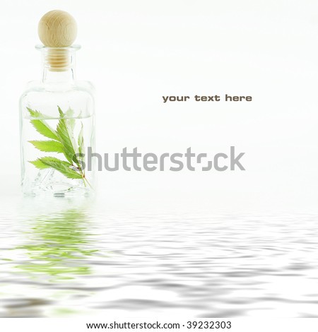 Jar with fresh leaves (SPA concept) with soft focus reflected in the water. With sample text