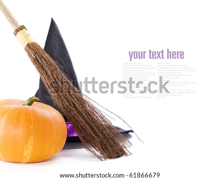 Witch broomstick, pumpkin and hat isolated on white background (with sample  text)