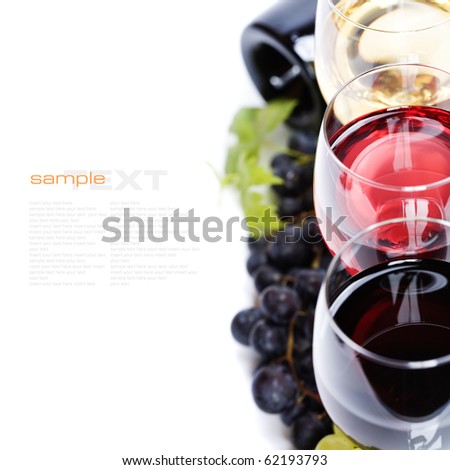 Glasses of white and rose wine and grapes over white (with sample text)