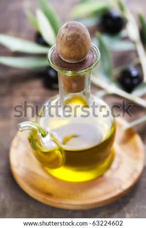 bottle of olive oil and an olive brunch