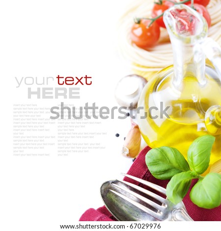 Spoon fork napkin and pasta ingredients Pasta olive oil basil mushrooms tomato garlic with sample text Spoon fork napkin and pasta ingredients Pasta olive oil basil mushrooms tomato garlic with sample text