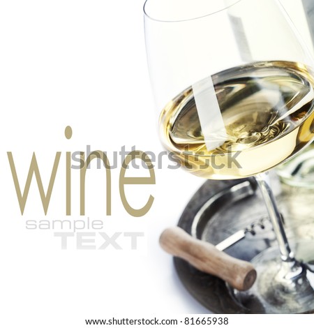 glass of wine and corkscrew over white (with sample text)