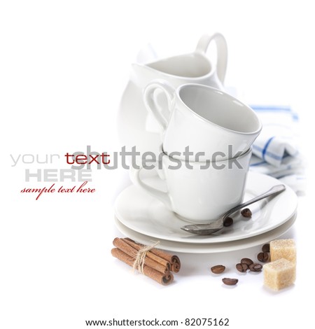 White Coffee Set (coffee cups and milk jug) over white (with sample text)