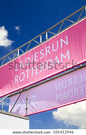 ROTTERDAM, THE NETHERLANDS - JUNE 10 2012: Banner above the start line in the annual Ladiesrun 10 KM event held on Sunday June 10,  2012 in Rotterdam.
