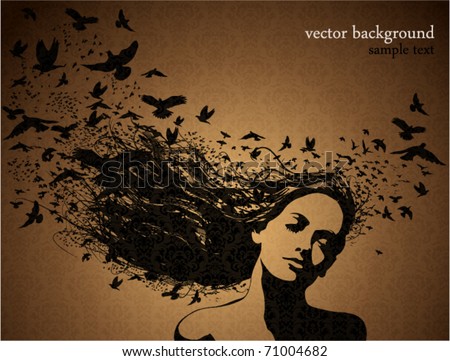 stock vector : Portrait of Woman with birds flying from her hair.