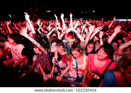 Novi Sad, Serbia - July 8: Audience Infront Of The Main Stage At Exit 2011 Music Festival, During Mia\'S Performance On July 8, 2011 In The Petrovaradin Fortress In Novi Sad.