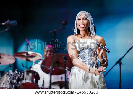 NOVI SAD, SERBIA - JULY 10: Folami from CHIC & Nile Rodgers performs at EXIT 2013 Music Festival, on July 10, 2013 at the Petrovaradin Fortress in Novi Sad, Serbia.