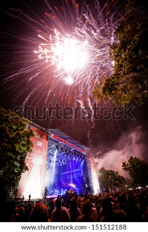NOVI SAD, SERBIA - JULY 10: Fireworks above the Main Stage at EXIT 2013 Music Festival, during the official opening of the festival on July 10, 2013 in the Petrovaradin Fortress in Novi Sad.