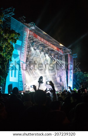NOVI SAD, SERBIA - JULY 11: Audience infront of the Main Stage at EXIT 2014 Music Festival, during RUDIMENTAL\'s performance on July 11, 2014 in the Petrovaradin Fortress in Novi Sad.