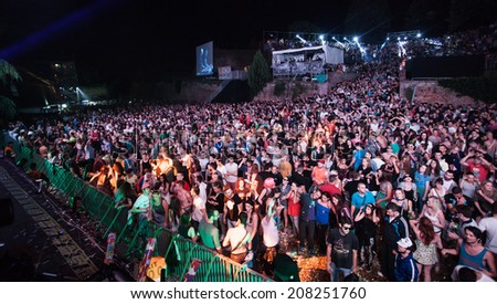 NOVI SAD, SERBIA - JULY 12: Audience infront of the Dance Arena at EXIT 2014 Music Festival, during Tiga and DJ Hell performance on July 12, 2014 in the Petrovaradin Fortress in Novi Sad.