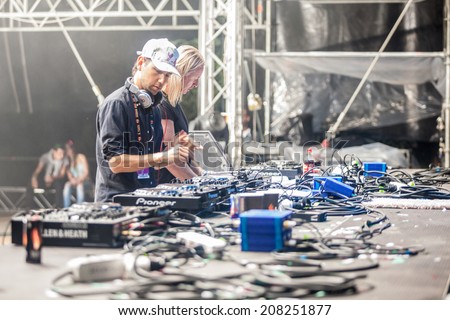 NOVI SAD, SERBIA - JULY 12: Tiga vs DJ Hell perform at EXIT 2014 Best Major European Music Festival, on July 12, 2014 at the Petrovaradin Fortress in Novi Sad, Serbia.