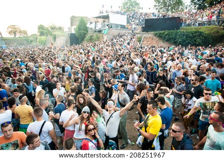 NOVI SAD, SERBIA - JULY 12: Audience infront of the Dance Arena at EXIT 2014 Music Festival, on July 12, 2014 in the Petrovaradin Fortress in Novi Sad.