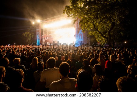 NOVI SAD, SERBIA - JULY 13: Audience infront of the Main Stage at EXIT 2014 Music Festival, during HURTS\' performance, on July 13, 2014 in the Petrovaradin Fortress in Novi Sad.