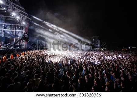 NOVI SAD, SERBIA - JULY 10 2015: Audience infront of the Main Stage at EXIT 2015 Music Festival, during MOTORHEAD's performance, on July 10, 2015 at the Petrovaradin Fortress in Novi Sad, Serbia.