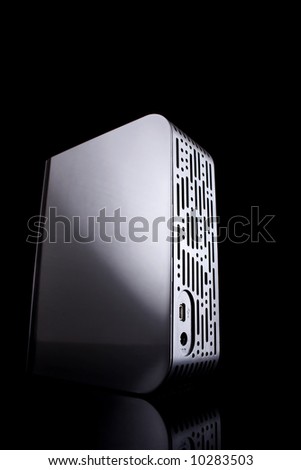 external hard drive, back side, with reflection