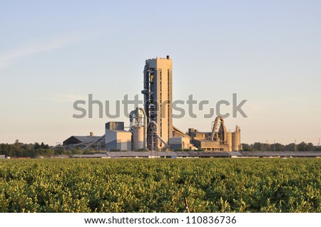 cement plant and blueberry field at sunset