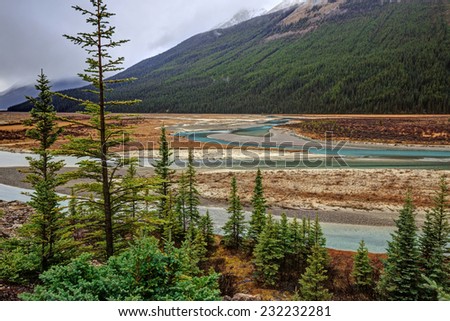 Athabasca River with low water level, Jasper National Park, Alberta, Canada