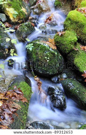 stream falls down over rocks with moss