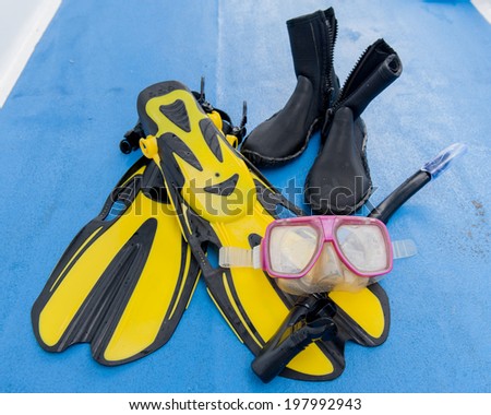 Dive equipment. Fins, scuba mask and snorkel