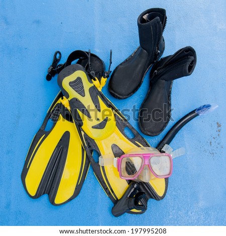 Divie equipment. Fins, scuba mask and snorkel