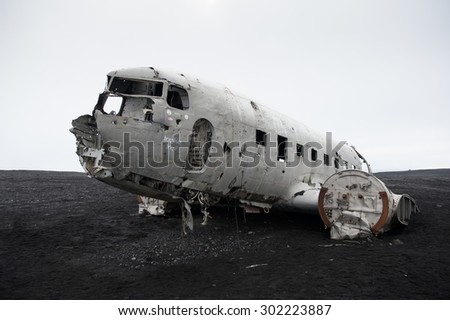 plane wreck on the wreck beach in Vik, Iceland .famous tourist attractions and landmarks