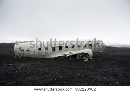 plane wreck on the wreck beach in Vik, Iceland .famous tourist attractions and landmarks