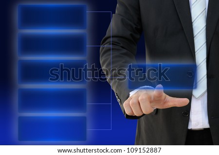 Businessman hand touch screen button of five choices blank chart