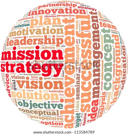 mission strategy info-text graphics and arrangement concept on white background (word cloud)