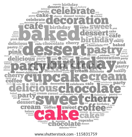 Cake info-text graphics and arrangement concept on white background (word cloud)
