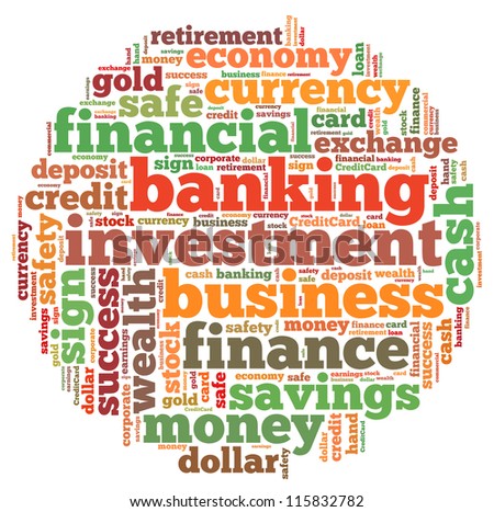 Banking info-text graphics and arrangement concept on white background (word cloud)