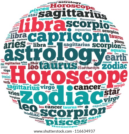 Horoscope info-text graphics and arrangement concept on white background (word cloud)