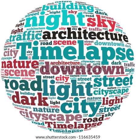 Timelapse info-text graphics and arrangement concept on white background (word cloud)