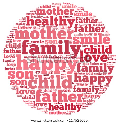 Happy Family info-text graphics and arrangement concept on white background (word cloud)