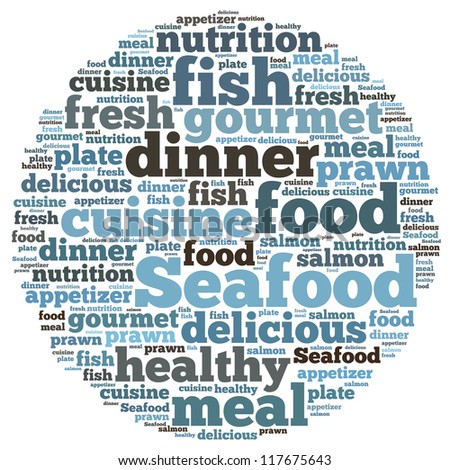 Seafood info-text graphics and arrangement concept on white background (word cloud)