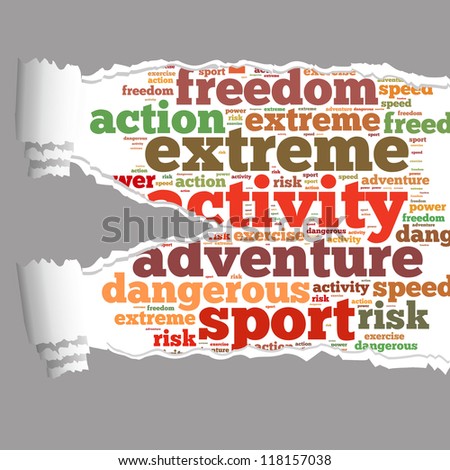 Torn Paper with extreme sport info-text graphics and arrangement concept on white background (word cloud)