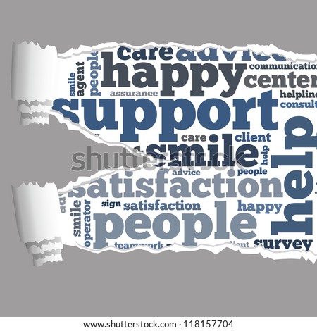 Torn Paper with customer support info-text graphics and arrangement concept on white background (word cloud)