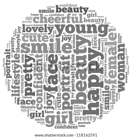 Happy info-text graphics and arrangement concept on white background (word cloud)