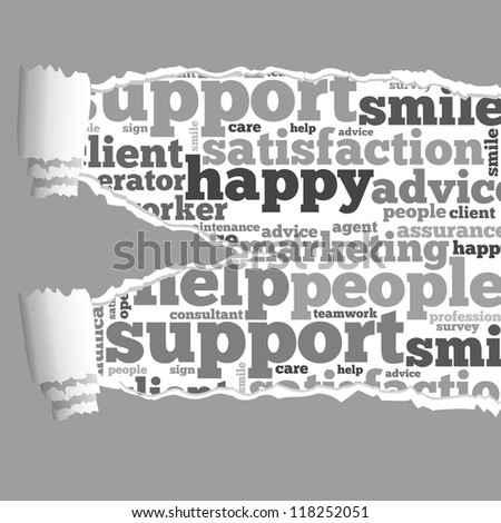 Torn Paper with customer service info-text graphics and arrangement concept on white background (word cloud)