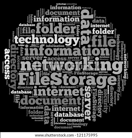 File storage info-text graphics and arrangement concept on white background (word cloud)