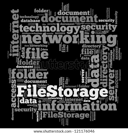 File storage info-text graphics and arrangement concept on black background (word cloud)