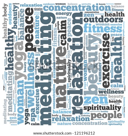 Meditation info-text graphics and arrangement concept on white background (word cloud)