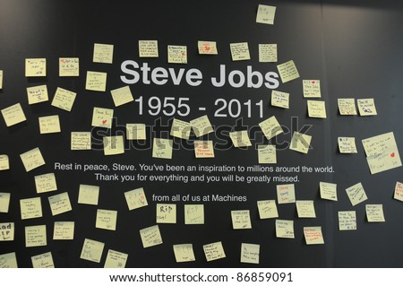 KUALA LUMPUR - OCTOBER 6: A memorial of posted notes for Steve Jobs  is created at Apple Store on October 6, 2011 in Kuala Lumpur, Malaysia.