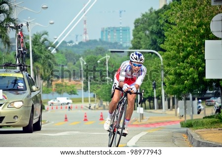 PUTRAJAYA-FEB 24 : Jung Hwan Youm from Seoul Cycling Team in action during the Putrajaya Individual Time Trial which is the first stage of Le Tour de Langkawi 2012 on Feb 24, 2012 in Putrajaya