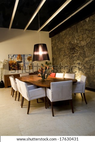 Night scene of a dining room with tungsten lighting
