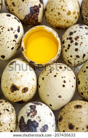 Colorful quail eggs and broken egg with two yolks.