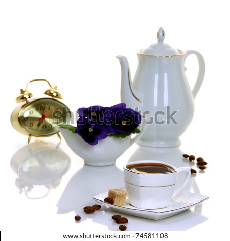 Coffee, flowers, coffee maker and clock isolated on white background.