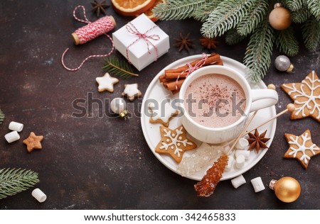 Christmas homemade gingerbread cookies and hot chocolate, top view.  Christmas Holiday background.