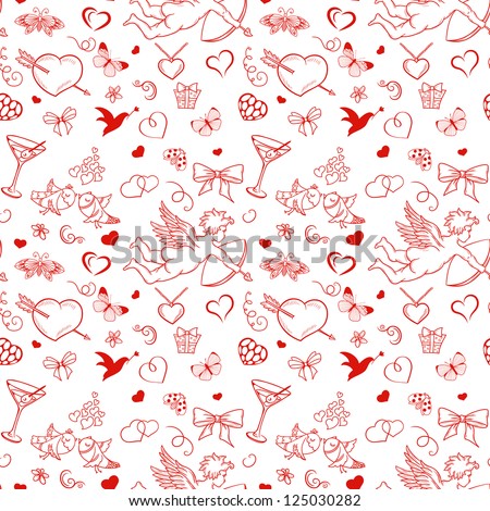 Seamless pattern for valentine's day with cupid coattail bow butterflies hearts pigeons etc Seamless pattern for valentine's day with cupid coattail bow butterflies hearts pigeons etc