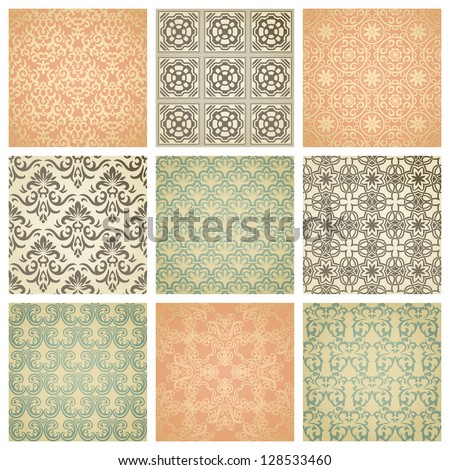Set of nine seamless pattern in retro style
