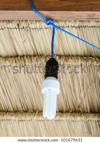 Modern bulb hanging on the roof of country hut.